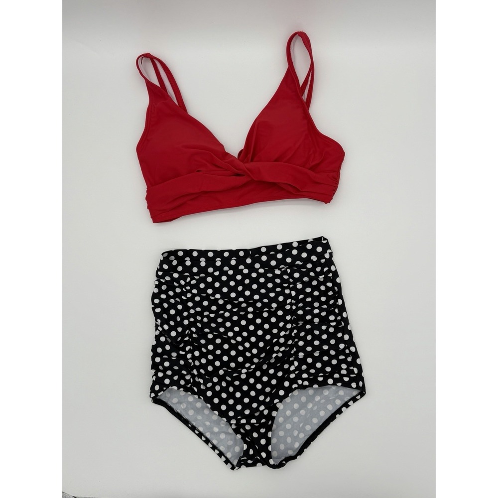 High Waisted Bikini Swimsuit-Retro-Pinup-Red Top-Polka Dot Bottom-Small 4/6 NEW